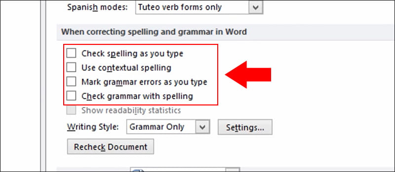 Chọn Proofing và tick bỏ các tính năng có trong When correcting spelling and grammar in Word