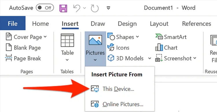 Chọn thẻ Insert, chọn Pictures và chọn công cụ This Devices