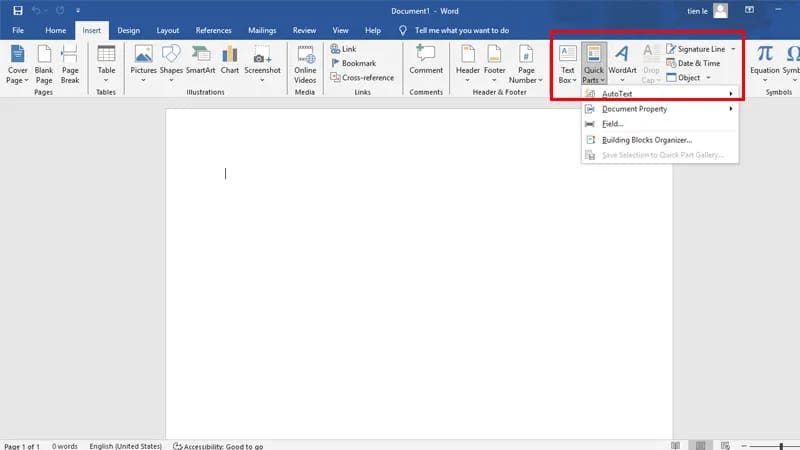 Mở file Word của bạn và chọn tab Insert, chọn mục Text và chọn tiếp Explore Quicks Parts