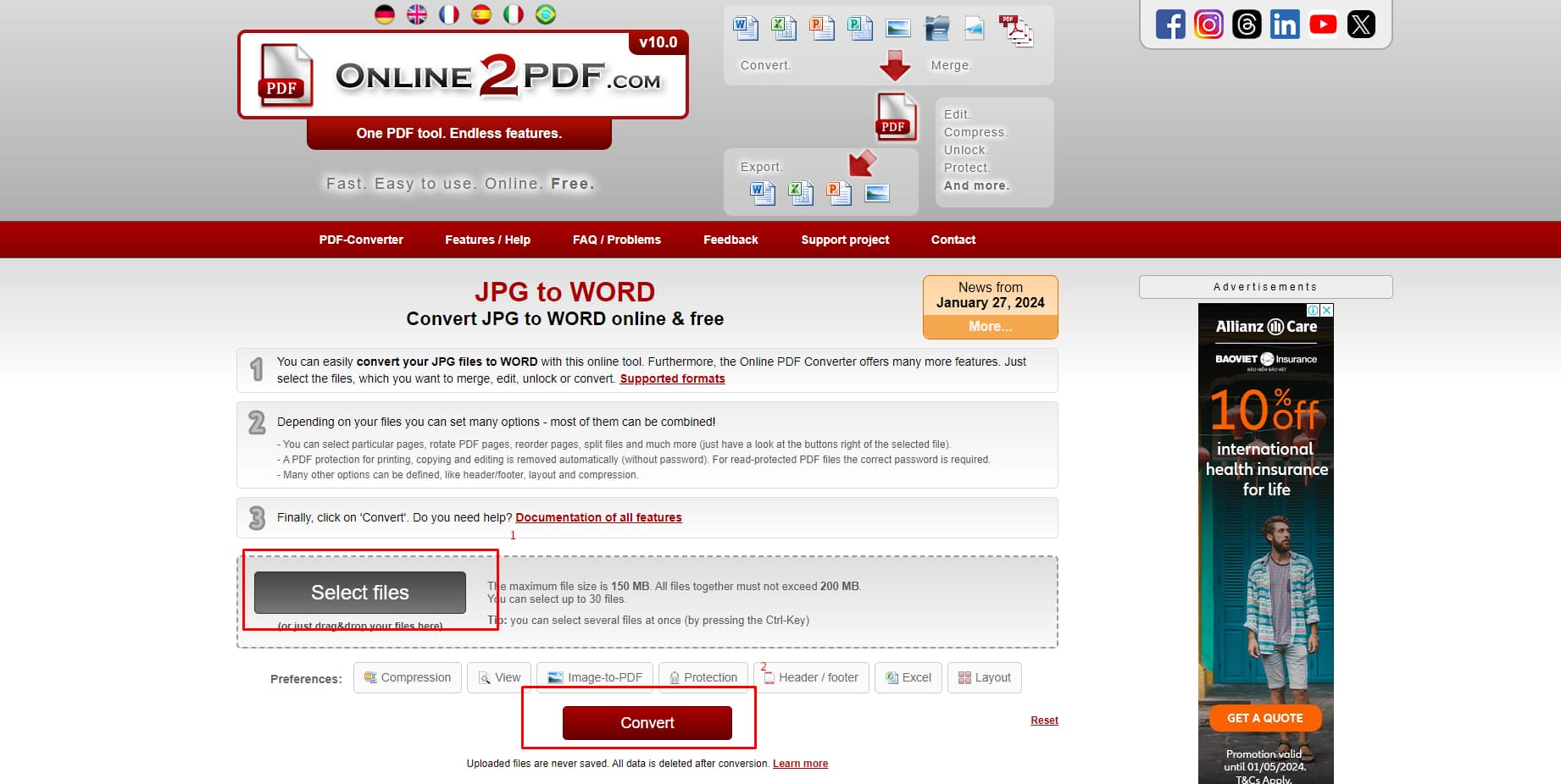 Chuyển file ảnh sang  Word bằng online2pdf.com