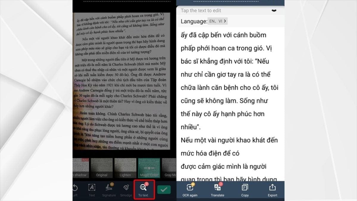 Nhấn vào nút "To Text" trên màn hình