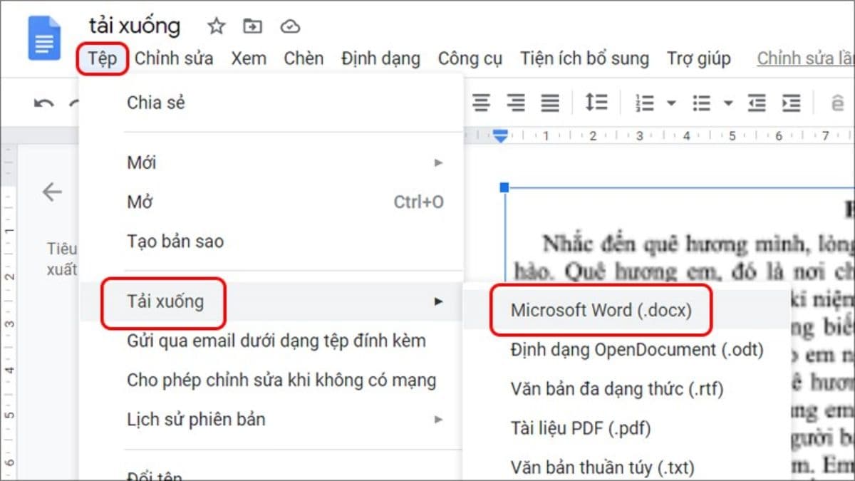 Nhấp vào "Tệp" > "Tải xuống" > "Microsoft Word (.docx)" để lưu