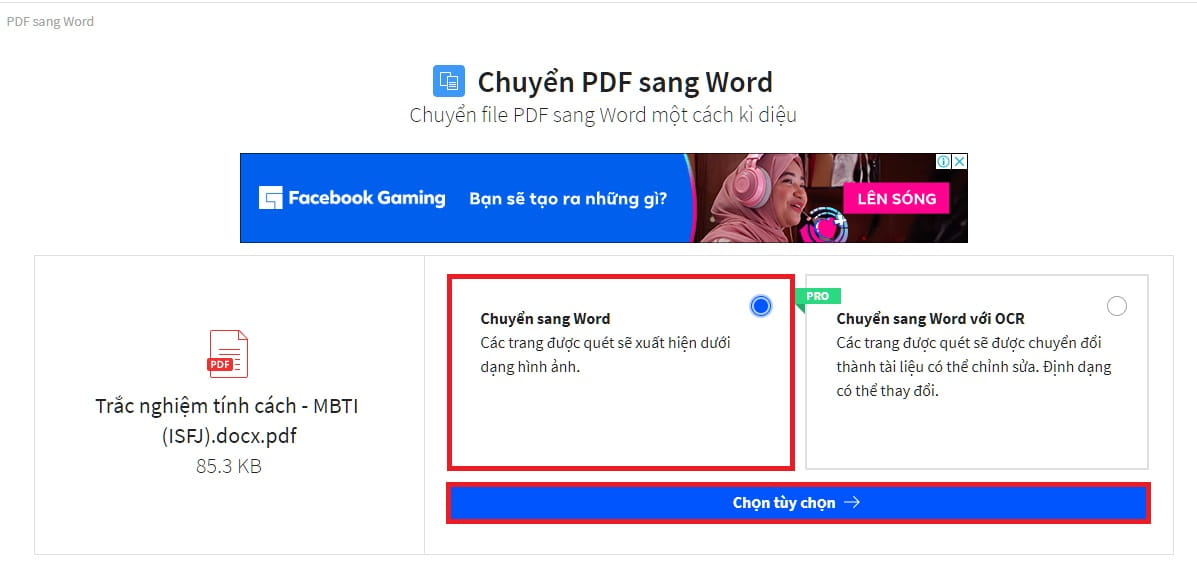 Bấm vào ô Chuyển sang Word sau đó nhấn Chọn tùy chọn