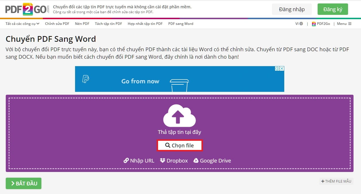 Truy cập vào trang web PDF2Go