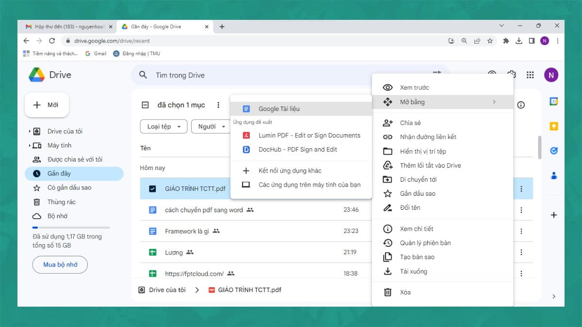 Bấm chuột phải vào file đó và chọn định dạng mở là Google Docs