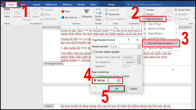 Cách đánh số trang trong Word từ số 2