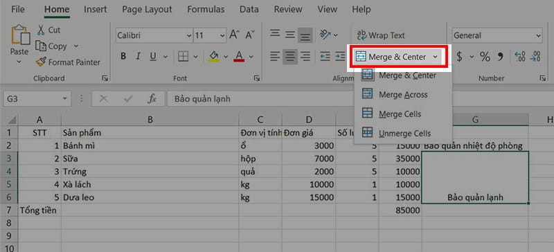 Nhấn vào mục Merge & Center để gộp ô