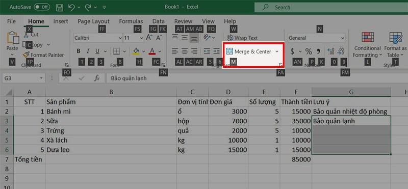 Bạn hãy nhấn phím H để mở tab Home, nhấn phím M để mở mục Merge & Center