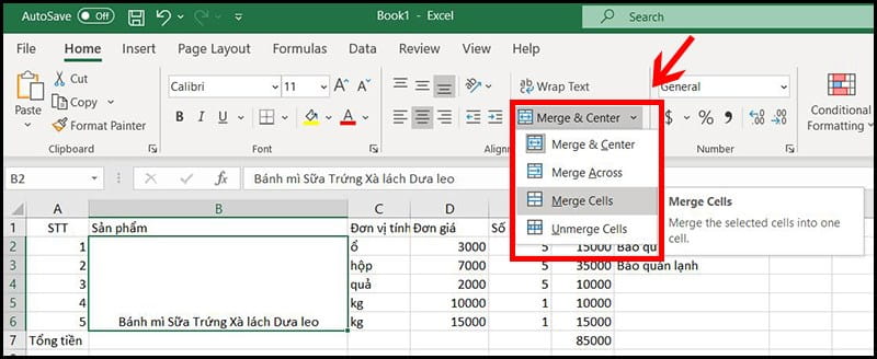 Tiếp tục click vào Merge and Center