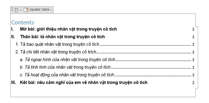 Chọn mục References, chọn Table of Contents