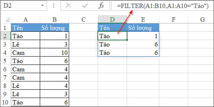 Cách lọc dữ liệu trong Excel bằng hàm Filter 
