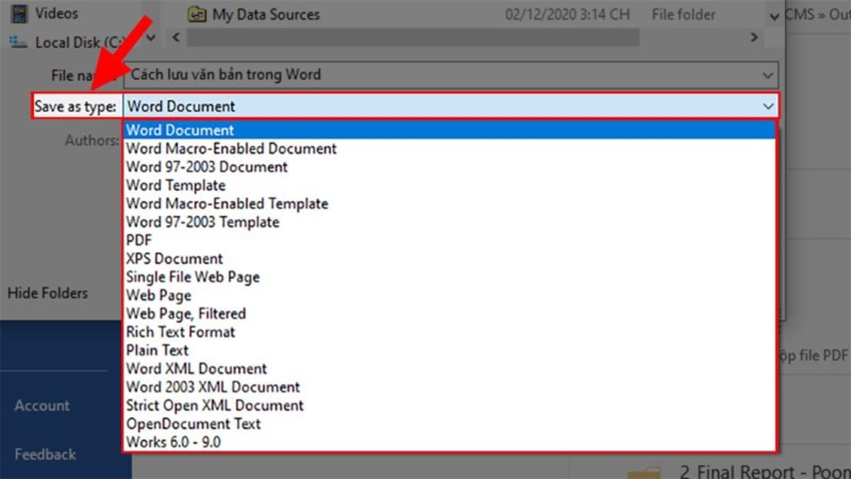 Ở mục Save as type bạn có thể chọn các định dạng khác nhau để lưu bản Word