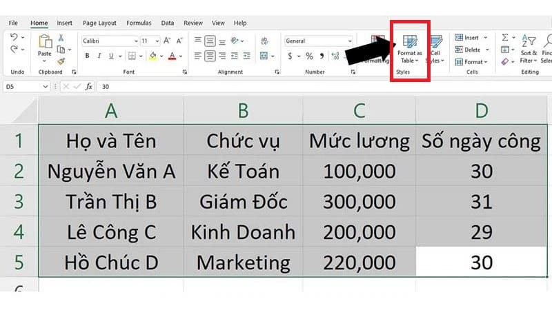 Mở file Excel ở cửa sổ Home chọn tab Styles