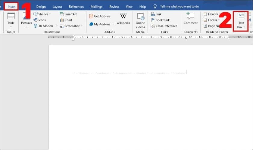 Mở file Word và nhấn vào tab Insert, chọn mục Text Box 