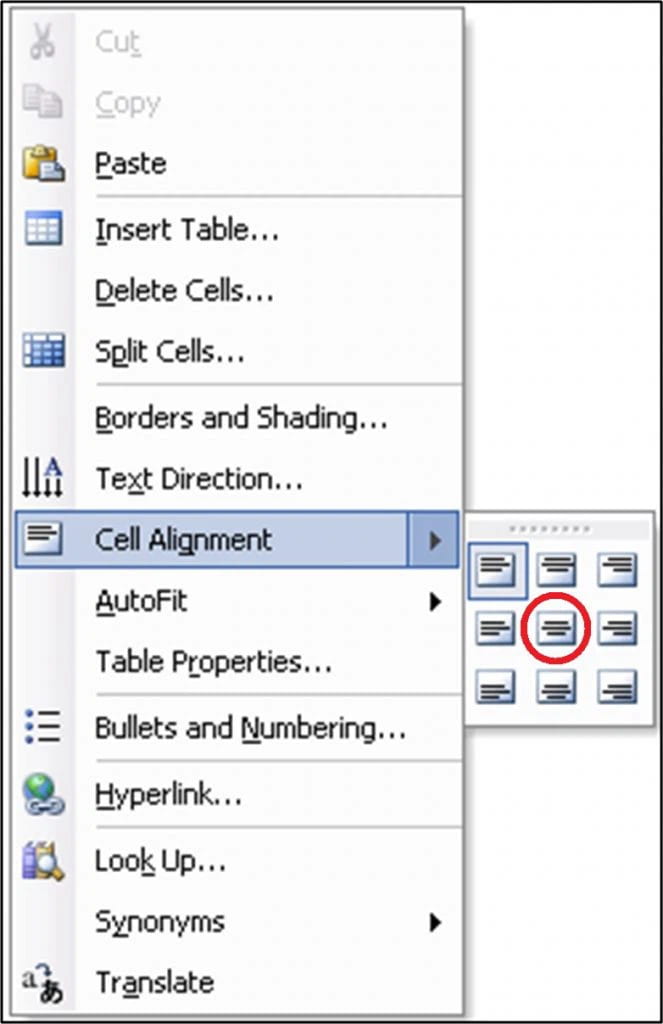 Cách căn giữa ô trong Word sử dụng menu chuột phải