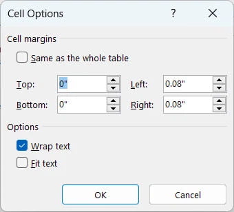 Cách căn giữa ô trong Word sử dụng Table Properties