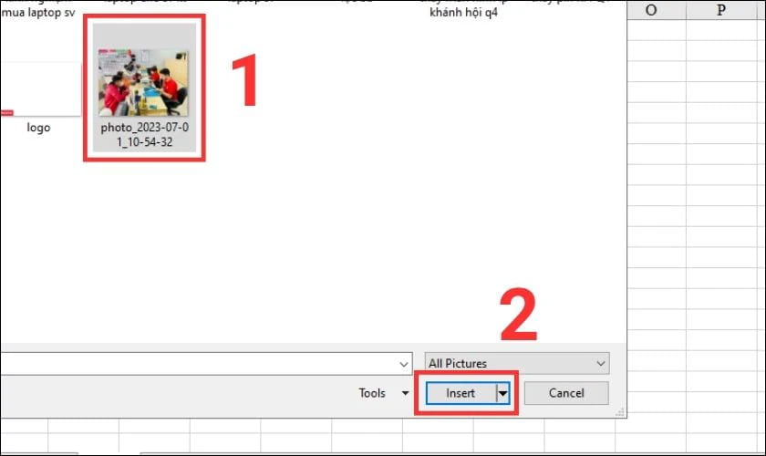 Mở file Excel và bấm vào tab Insert, chọn mục Pictures