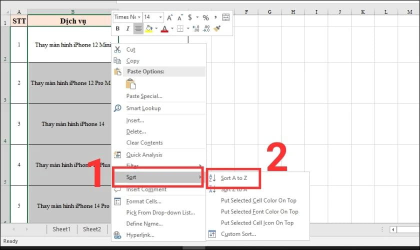 Bôi đen các ô Excel cần thêm ảnh hàng loạt và bấm chuột phải, chọn Sort