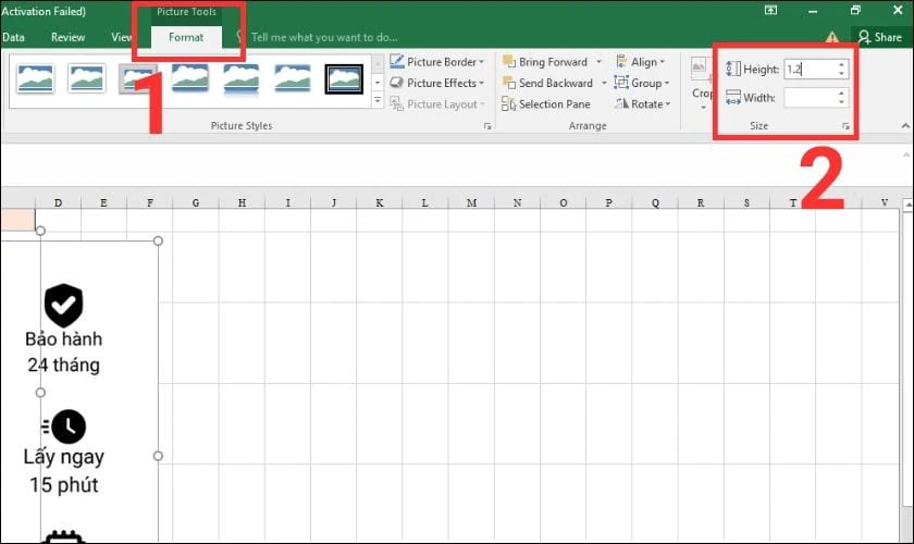 Quay trở lại file Excel, bạn hãy bấm vào tab Picture Format, chọn Size