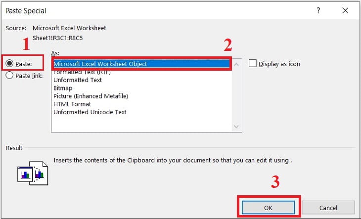 Chọn Microsoft Excel Worksheet Object và nhấn OK 