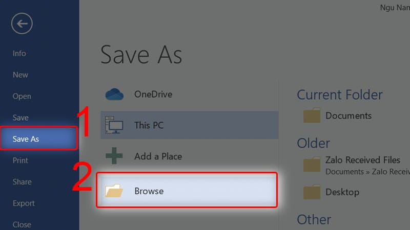 Nhấn vào mục Save As, chọn Browse