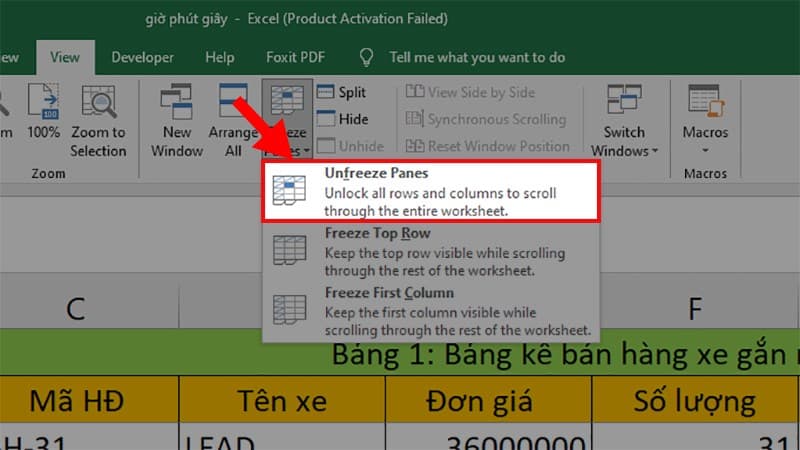 Chọn thẻ Unfreeze Panes để bỏ cố định cột trong Excel 