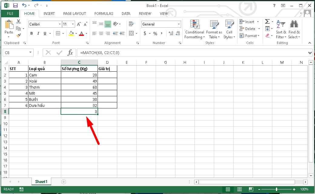 Ví dụ về cách sử dụng hàm Match trong Excel 