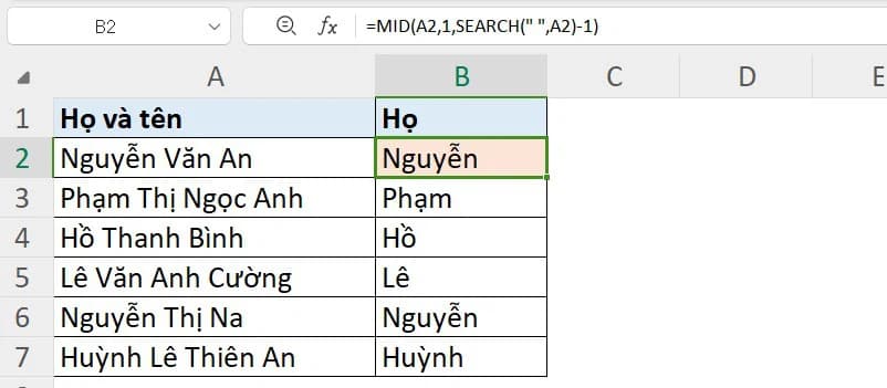 Tách lấy phần họ trong họ và tên bằng hàm MID