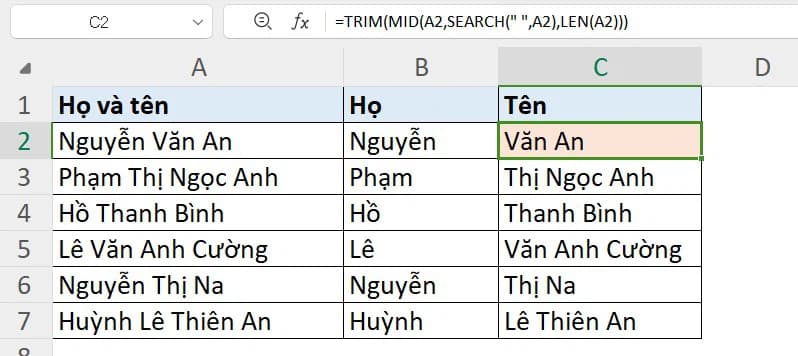 Tách bỏ phần họ trong họ và tên bằng hàm MID