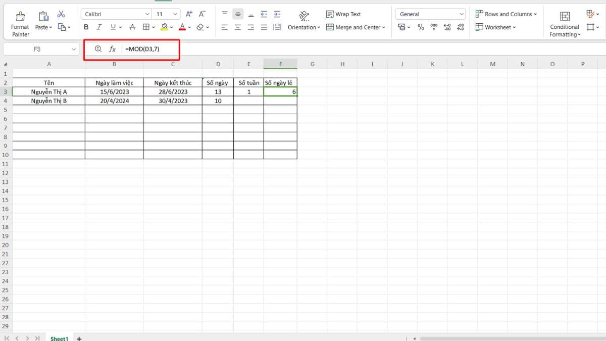 Công thức hàm MOD trong Excel