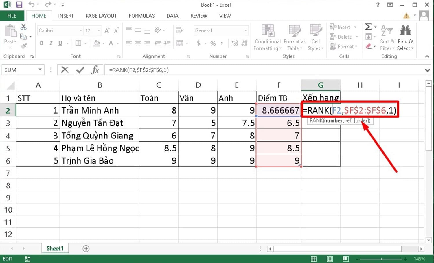 Hướng dẫn cách xếp hạng bằng hàm Rank trong Excel