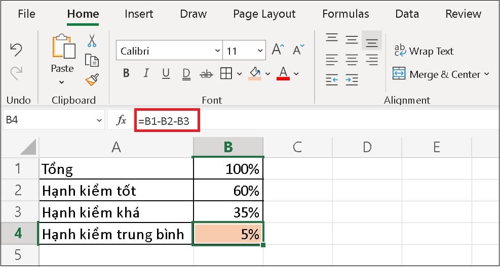 Hàm trừ trong Excel sử dụng %
