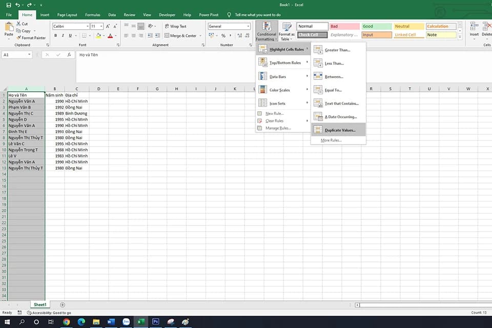 Cách lọc dữ liệu trùng trong Excel bằng tính năng Conditional Formatting 
