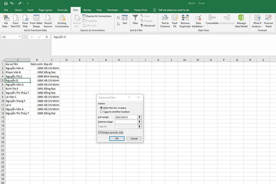 Cách lọc dữ liệu trùng trong Excel bằng Advanced Filter 