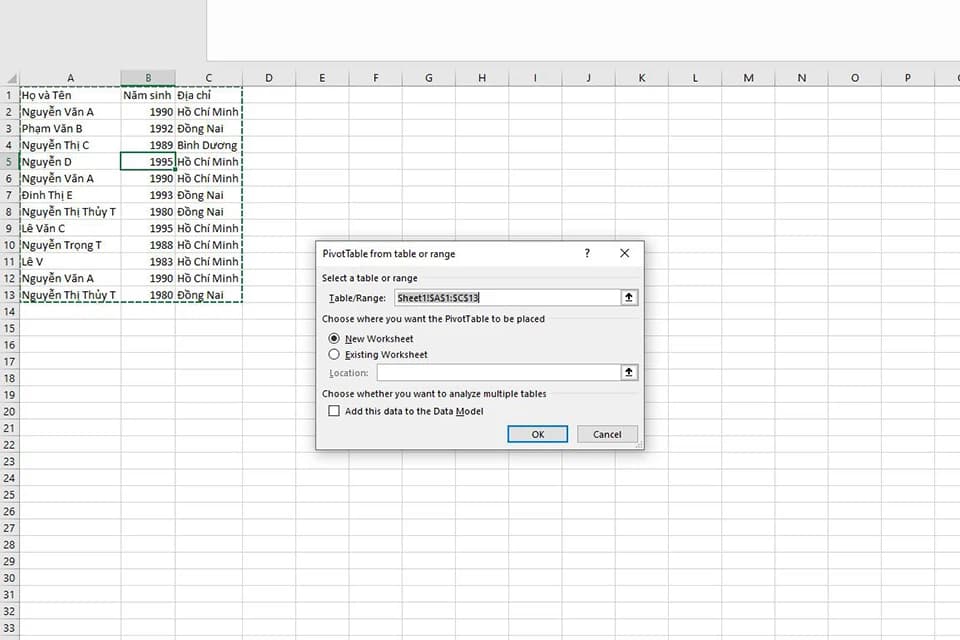 Cách lọc dữ liệu trùng trong Excel bằng Pivot Table
