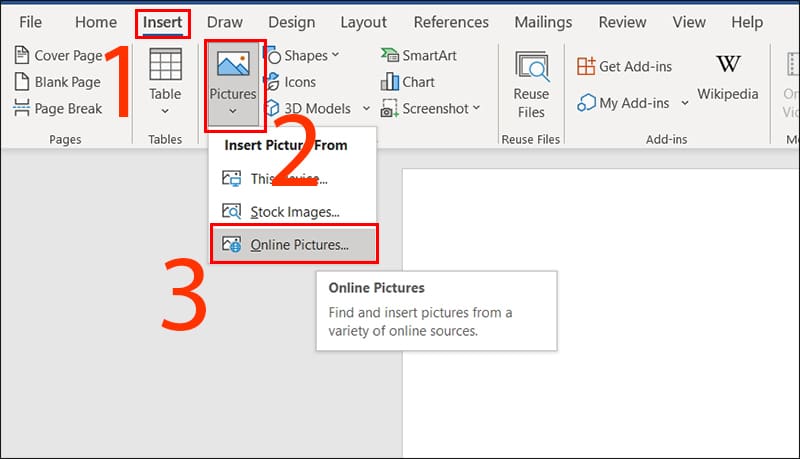 Mở file Word của bạn và bấm vào tab Insert, chọn mục Pictures, chọn Online Picture