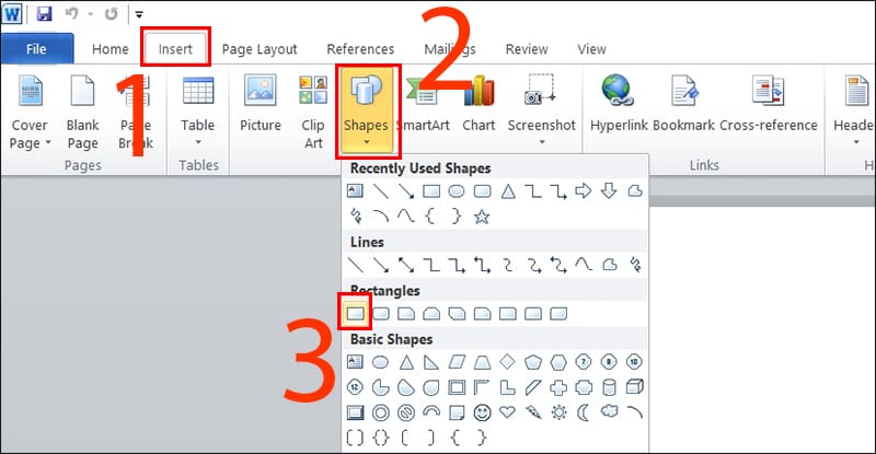 Bấm vào tab Insert, chọn Shapes và chọn biểu tượng hình chữ nhật 