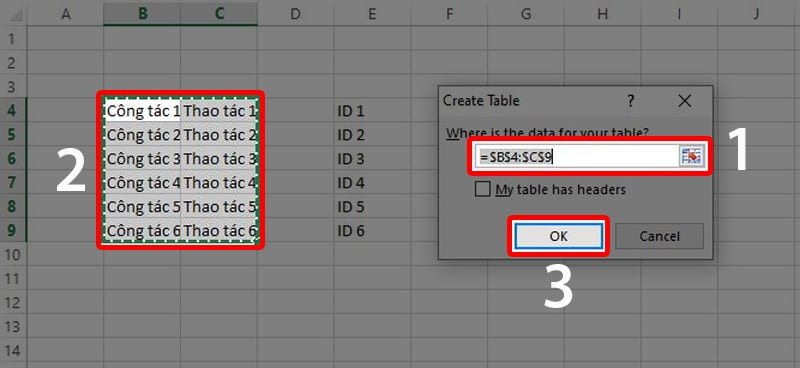 Trong cửa sổ Create Table bạn hãy lựa chọn vùng dữ liệu cần