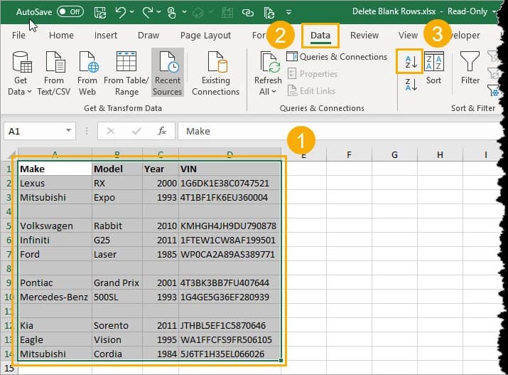 Xóa dòng trống trong Excel bằng cách sắp xếp