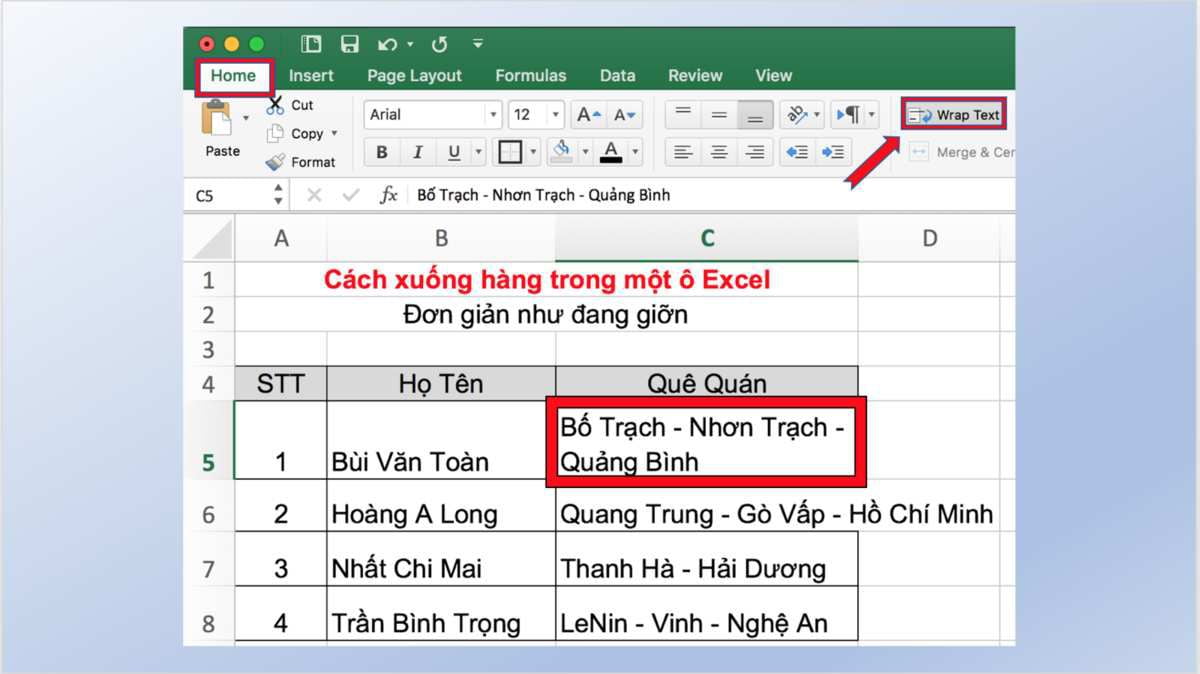 Cách xuống dòng trong Excel đơn giản trên Windows, Macbook