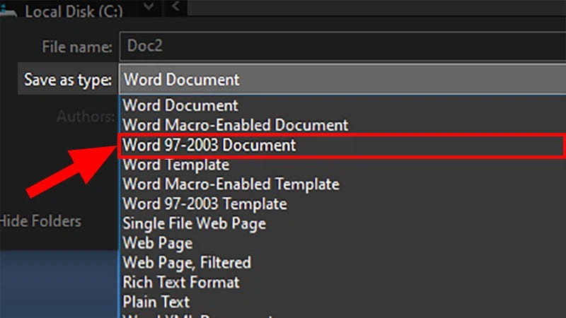 Tại vị trí Save as type bạn hãy chọn Word 97-2003 Document (*.doc)