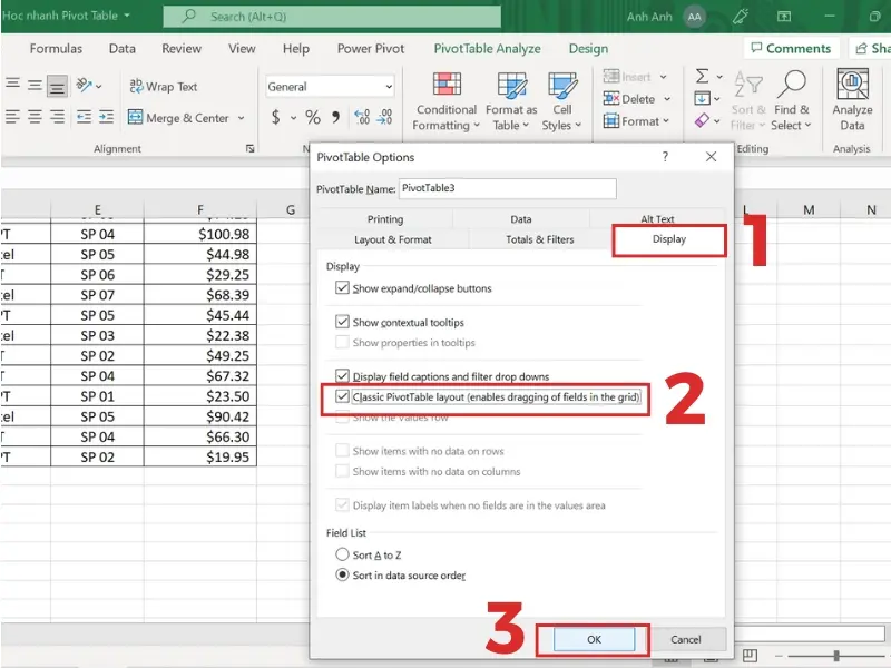 Hộp thoại PivotTable Options sẽ xuất hiện