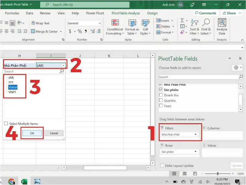 Cách sử dụng tính năng Filter trong Pivot Excel