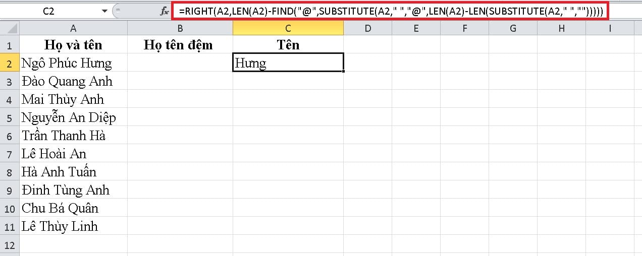 Kết hợp nhiều hàm để tách tên trong Excel 