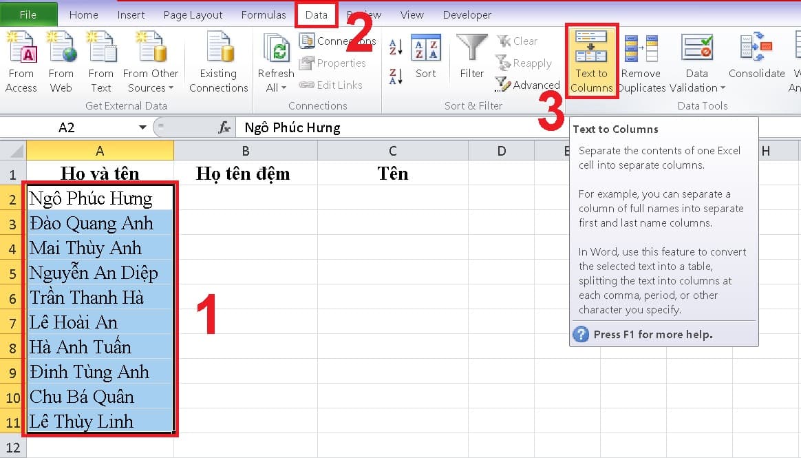 Tách tên trong Excel bằng cách sử dụng lệnh Text to Columns