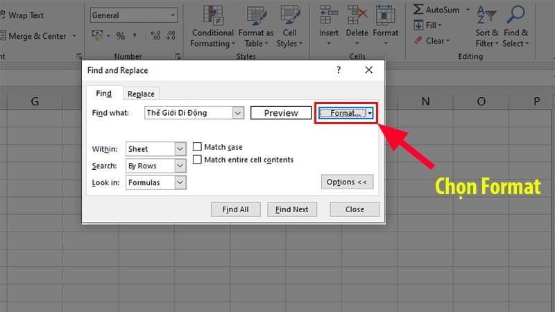 Tìm kiếm các ô có định dạng cụ thể trong Excel 