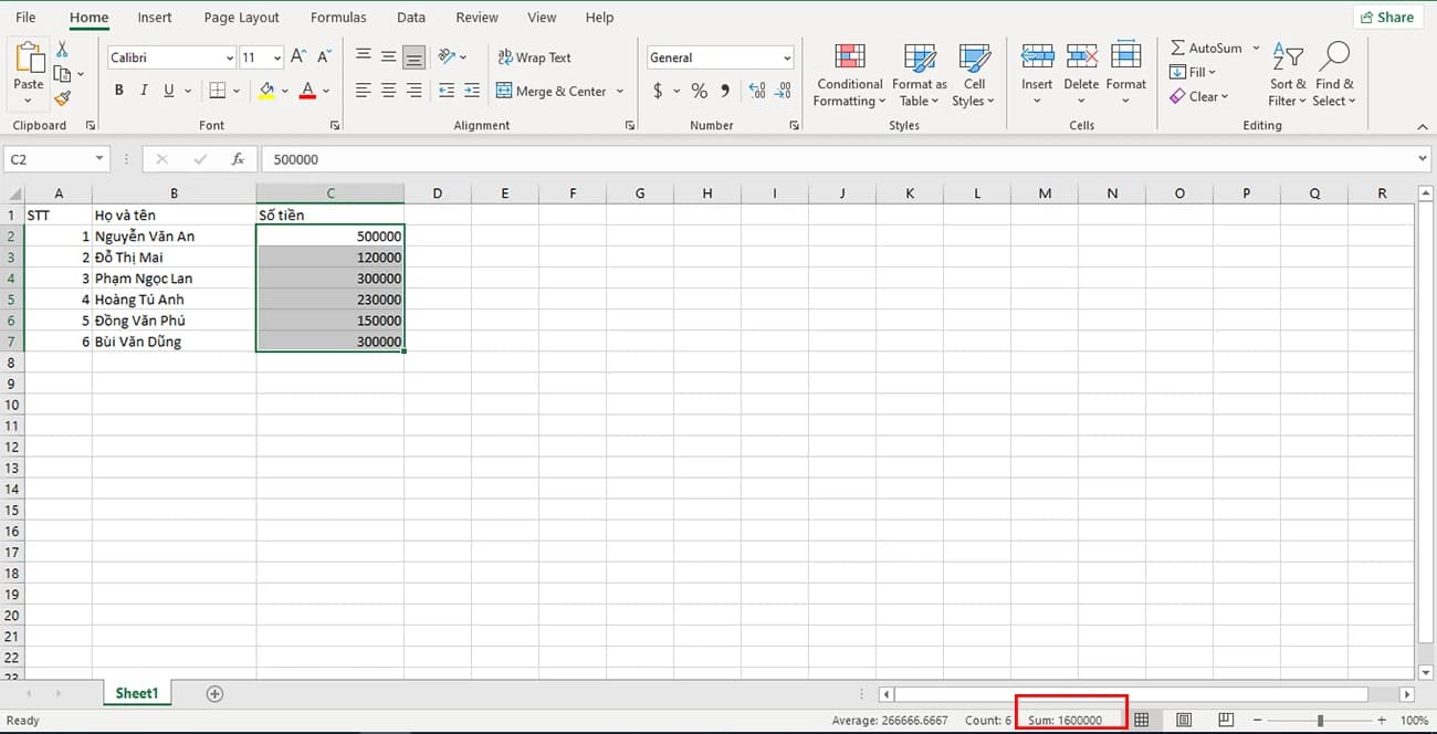 Cách tính tổng hàng dọc trong Excel bằng cách chọn các ô liền kề nhau