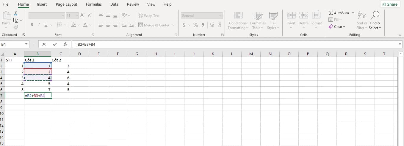 Cách tính tổng hàng dọc trong Excel sử dụng dấu + 