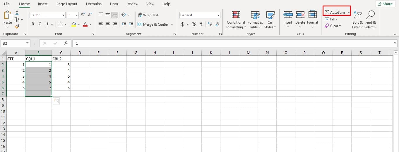 Cách tính tổng hàng dọc trong Excel bằng hàm SUM 