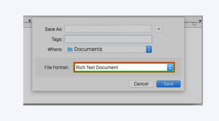Tại mục File Format bạn hãy chọn định dạng cho tệp là Rich Text Format 
